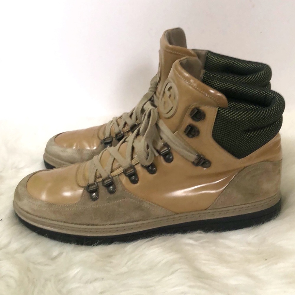 Gucci Authentic Mens Beige Leather Round Toe High Top Lace Up Sneaker Shoes Sz 9 - Picture 4 of 11